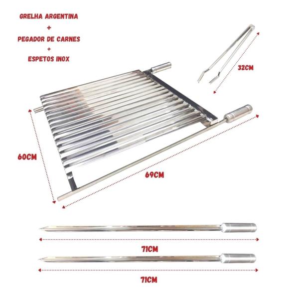 GRELHA CHURRASCO ARGENTINA PARRILLA 70X60CM COM ESPETO 60CM E PEGADOR INOX AÇO INOX 70x60