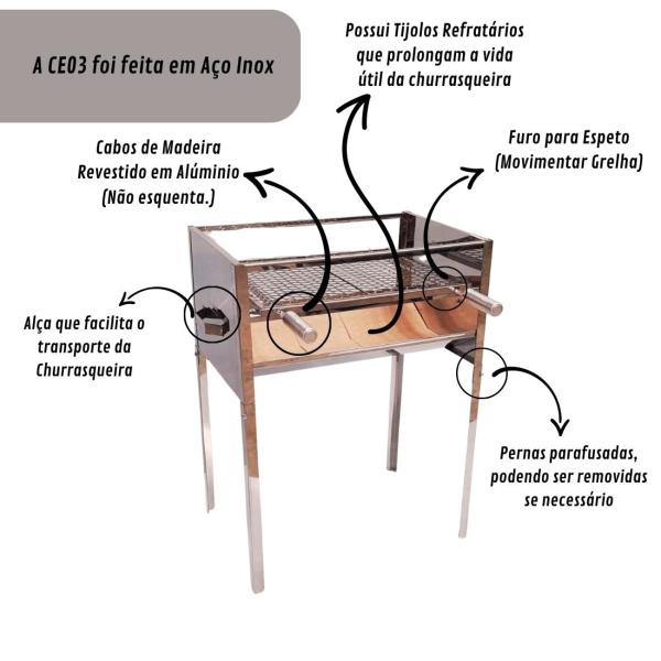 CHURRASQUEIRA INOX ECONOMICA CE03 COM GRELHA 60X40+ 6 TIJOLOS REFRATARIOS 60 CM