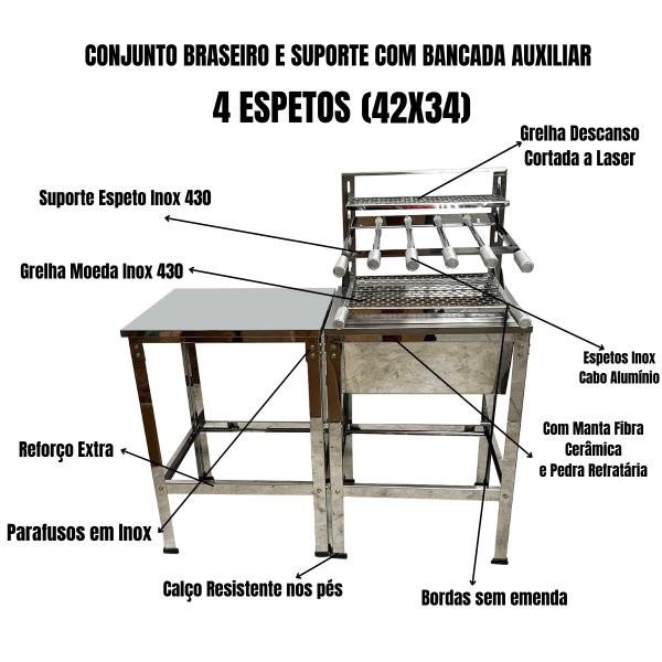 KIT BRASEIRO 630 SUPORTE COM BANCADA AUXILIAR INOX 118x116x49