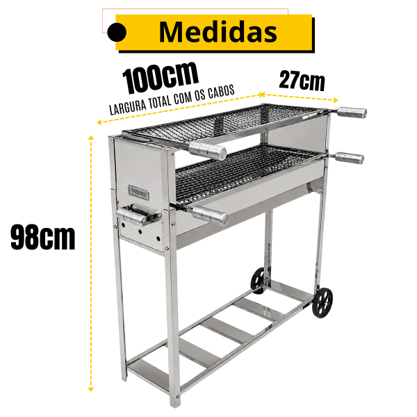 CHURRASQUEIRA INOX ESPETINHO SEM COIFA L 1000 COM RODINHA + 2 GRELHAS 100cm