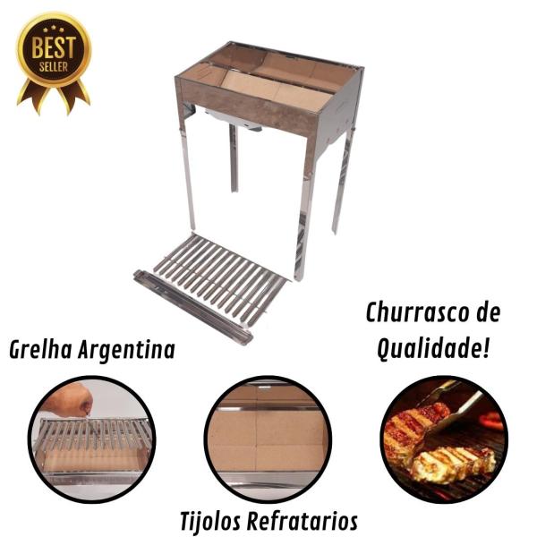 CHURRASQUEIRA INOX COM GRELHA ARGENTINA + 7 TIJOLOS REFRATARIO 0